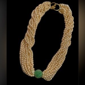 Vt Carved Green Jadite Bead, Multi Strand Faux Pearl Necklace. 16” L. Elegance!